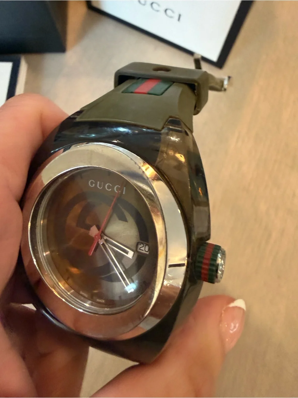 Gucci Men's Green and Gold Logo Dial Watch with Web Stripe